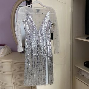 NWT silver sequin cocktail dress with slit by h.ours!